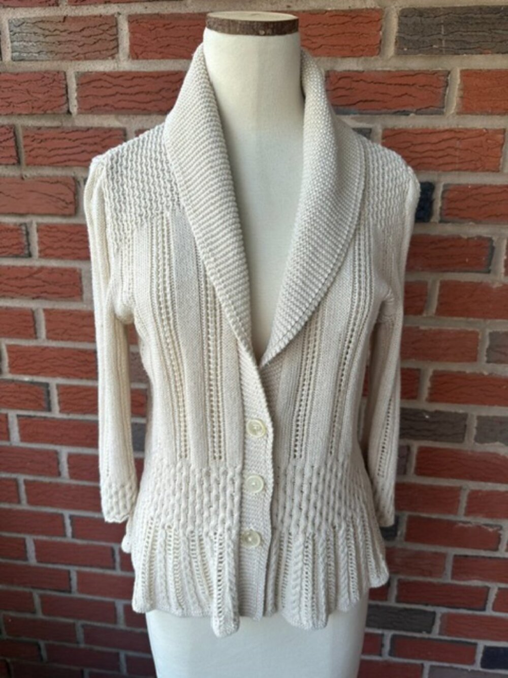 Lauren Ralph Lauren Silk/Linen Shawl Collar Peplum Cream Cardigan Sweater - Med